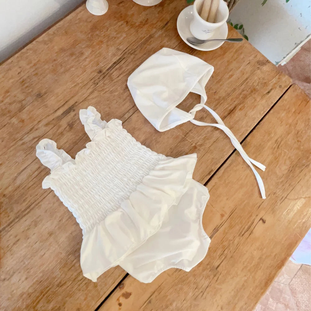 2024 Summer Newborn Infant Suit Kids Swimsuits Baby Girls Solid Color Suspenders Pleated Swim Dress+Shorts+Hat Todder 3Pcs Set