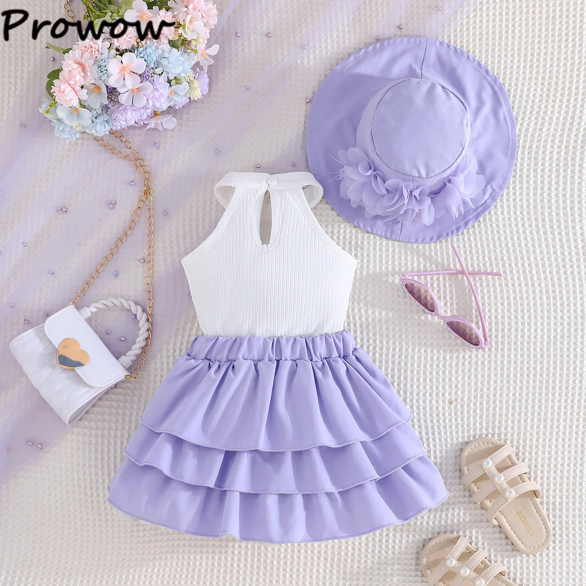 Toddler Girl Outfit Sets Sleeveless Turtleneck Fixed Flower T-shirt+Layered Skirt+Sun Hat Summer 3pcs Sets For Baby Girl Clothes