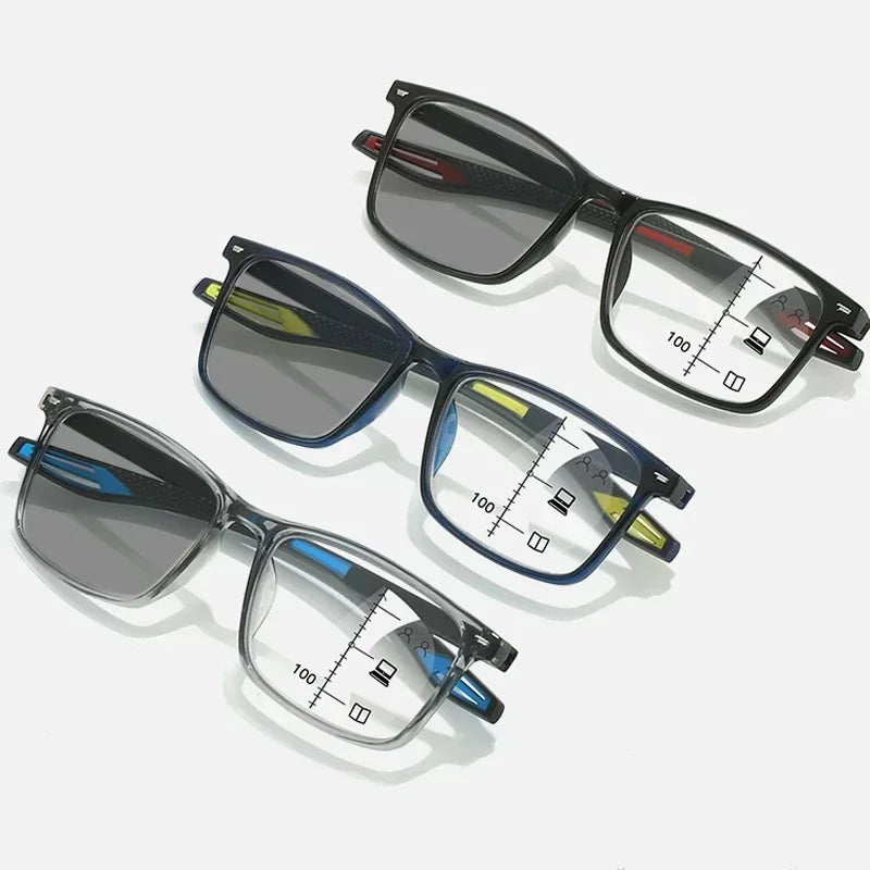 Color Changing Multifocal Presbyopia Glasses TR90 Sports Bifocal Near Far Sight Eyewear Finished Photochromic Reading Eyeglasses
