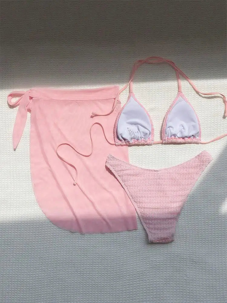 Pink Solid Color 3-piece Swimsuit Women 2026 Summer Beach Skirt Bikini V-neck Halter Backless Bathing Suit Summer Beach Swimwear