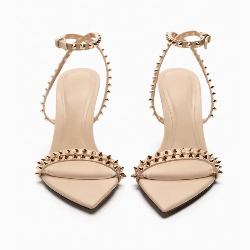 Luxury Designer Rivet Embellished Thin Heeled Sandals Women Summer Sexy Pointed Toe Ankle Strap High Heels Elegant Party Shoes
