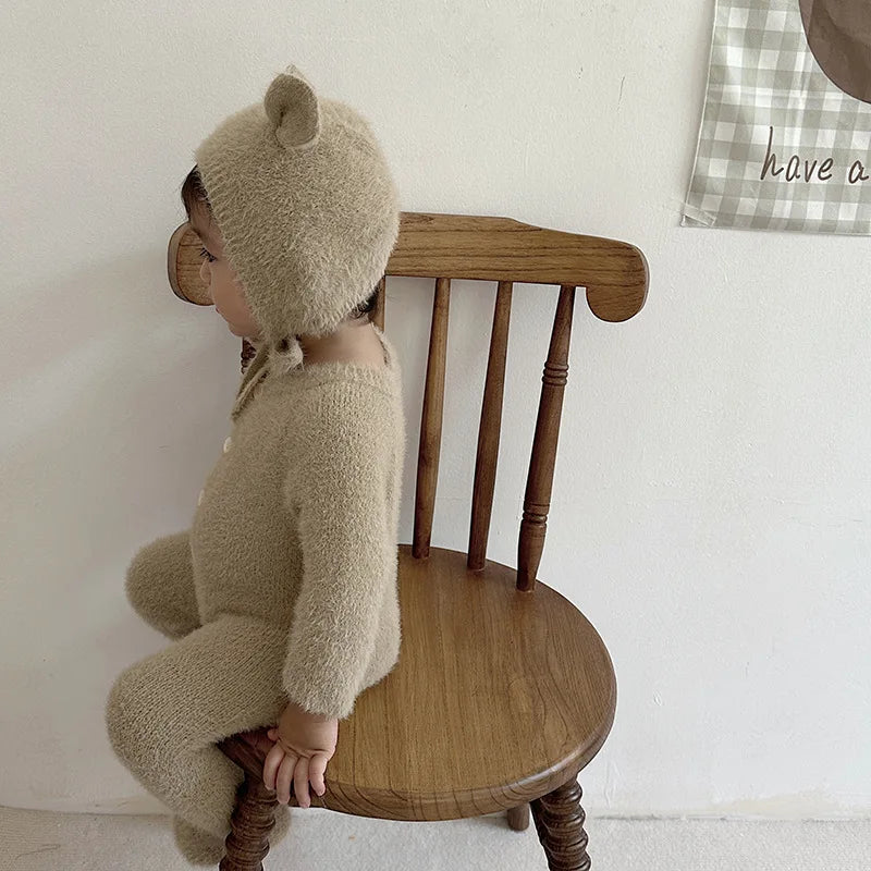 Newborn Baby Mink Fur Romper with Hood Cute Bear Animal Ear Footed Onesie Winter Warm Jumpsuit for 0-2 Years