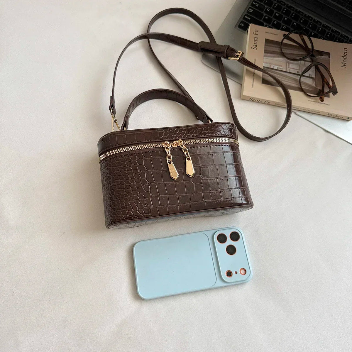 Luxury Crocodile Pattern Box Handbag for Women Elegant Faux Leather Mini Crossbody Bag Portable Top Handle Shoulder Purse