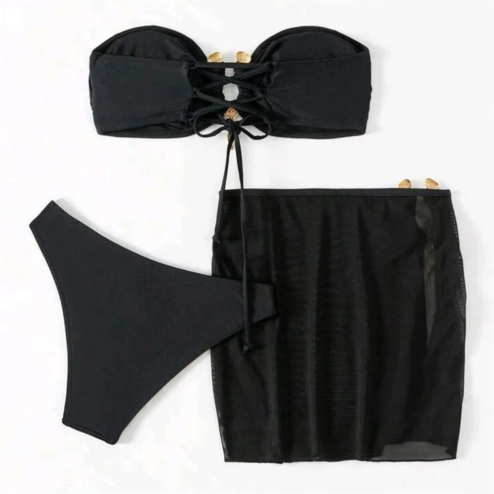 Metal Buckled Bandeau Black Bikinis Sets 3 Pieces Skirts Cover Ups Sexy Swimsuit Women 2026 Holiday Solid Swimwears Bikini Dames