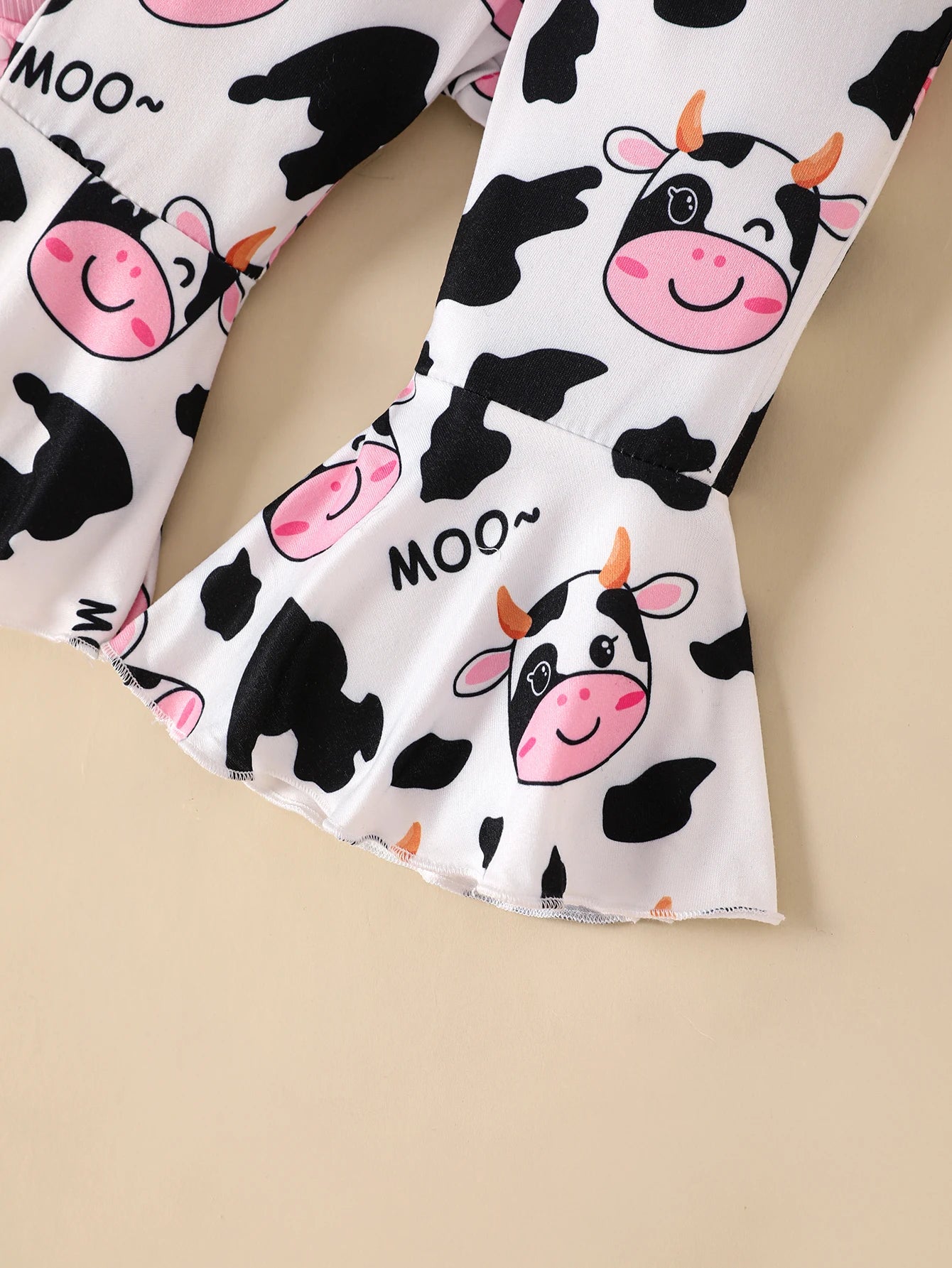 Baby Girl Pink Bodysuit, Cow-Print Flared Pants & Bow Headband Set