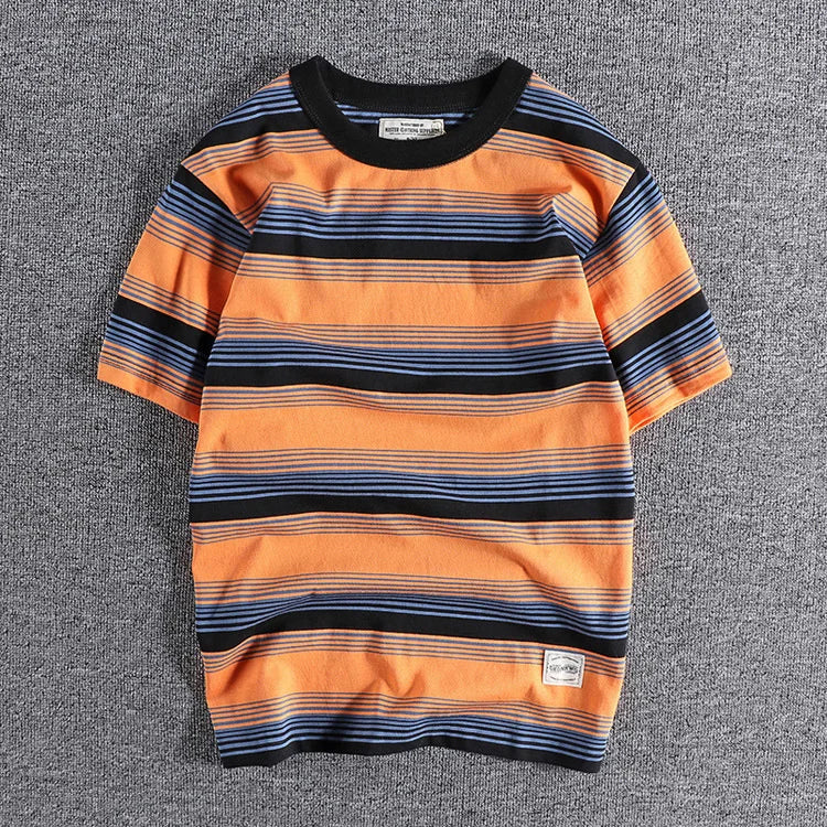Summer Splicing Pure Cotton Stripe Short Sleeve T-shirt Streetwear Amekaji Heavyweight Casual Male Round Neck Tshirt Tops Tee