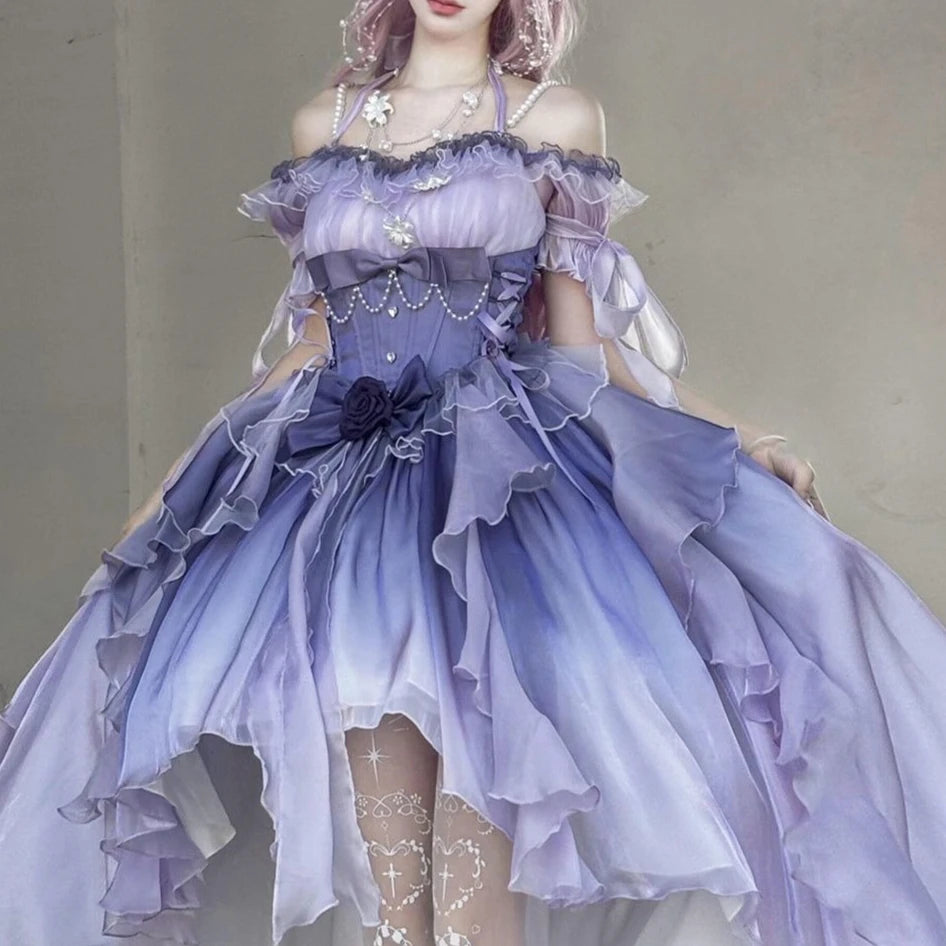 Dophee Flower Wedding Dress Lolita Purple Trailing Princess Dress Sexy Off Shoulder Short Sleeve Graduation Long Puffy Dresses