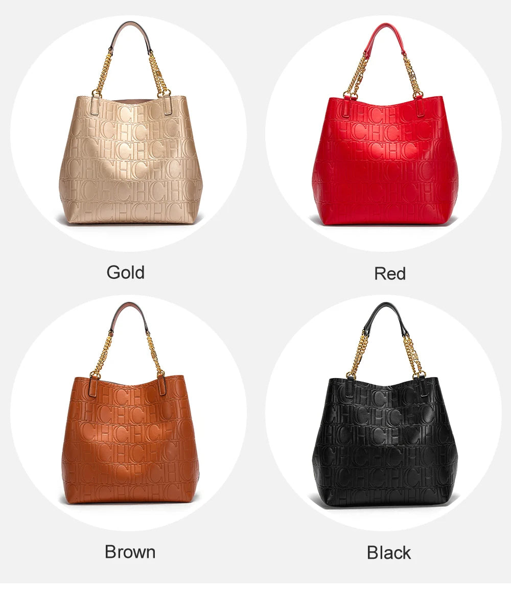 CH Tote Bag For Women Luxury Designer Handbag Fashion Embossed Leather Shoulder Bag Elegant Gold Chain Tote Bag For Daily Use