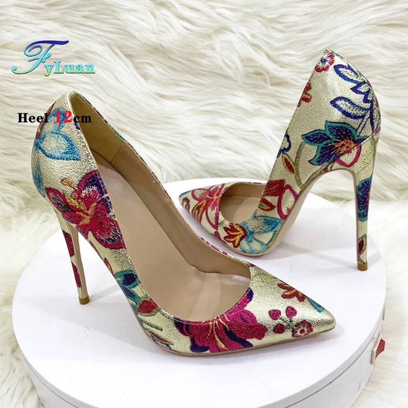 Fashion Print Women's Pumps 8CM 10CM 12CM Sexy Pointy Toe Luxury Female Shoes 2025 Spring Summer All-Match Woman Gold High Heels