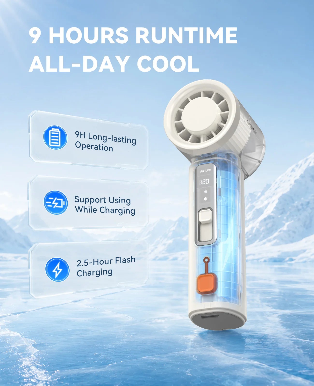 ORICO Portable Handheld Turbo Fan TEC Semiconductor Cold Cooling Mini Pocket Fan 120 Speed Digital Display Rechargeable Travel O