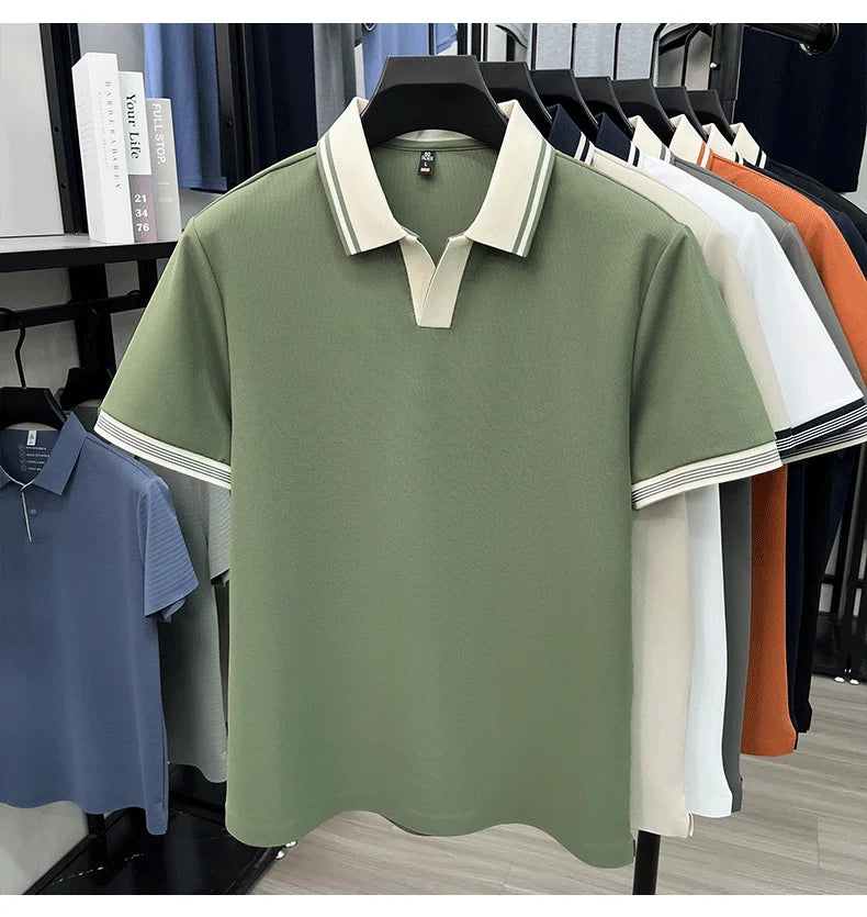 Light luxury summer new short sleeve polo shirt silky breathable high-end men's fashion personalized color blocked lapel T-shirt