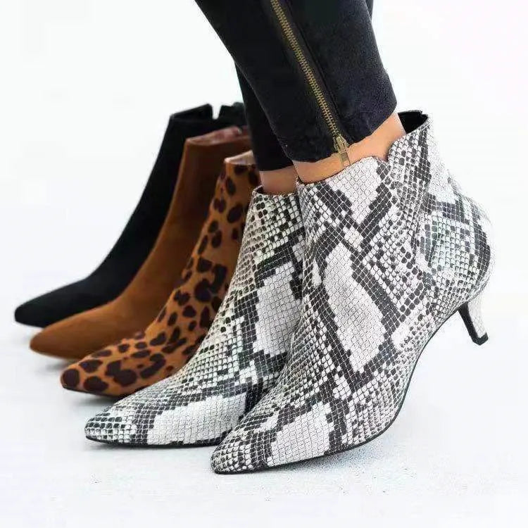 NEW Women's Ankle Boots Leopard Women Pointed Toe Ladies Chunky High Heel Female Shoes Woman Footwear Plus Size 35-43 Snake
