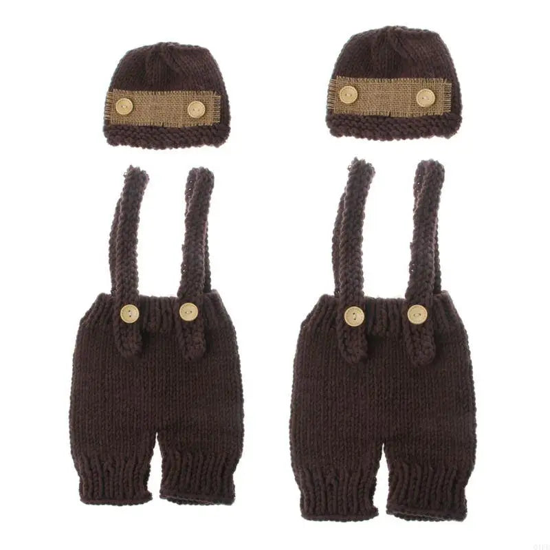 Q1FE Baby Hat Crochet Overalls Costume for Photo Retro Baby Photo Props