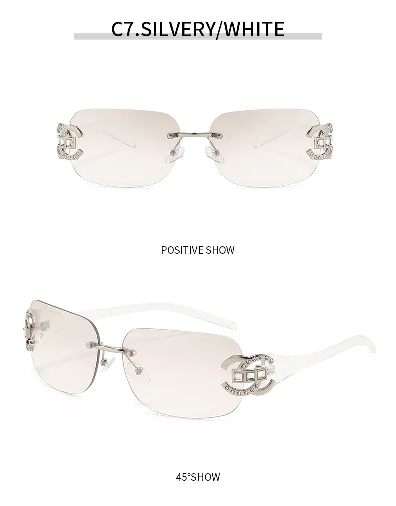 Sexy Popular Ins Rimless Square Sunglasses for Women Luxury Brand Design Diamond Punk Sun Glasses Cute Pink Shades Girls Eyewear