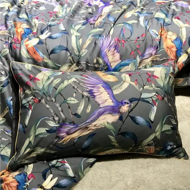 Egyptian Cotton Flower Bird Digital Printing Bedding Sets, Bed Linen Duvet Cover Set, Luxury Bed Sheets, Pillowcase, 600TC, 4Pcs
