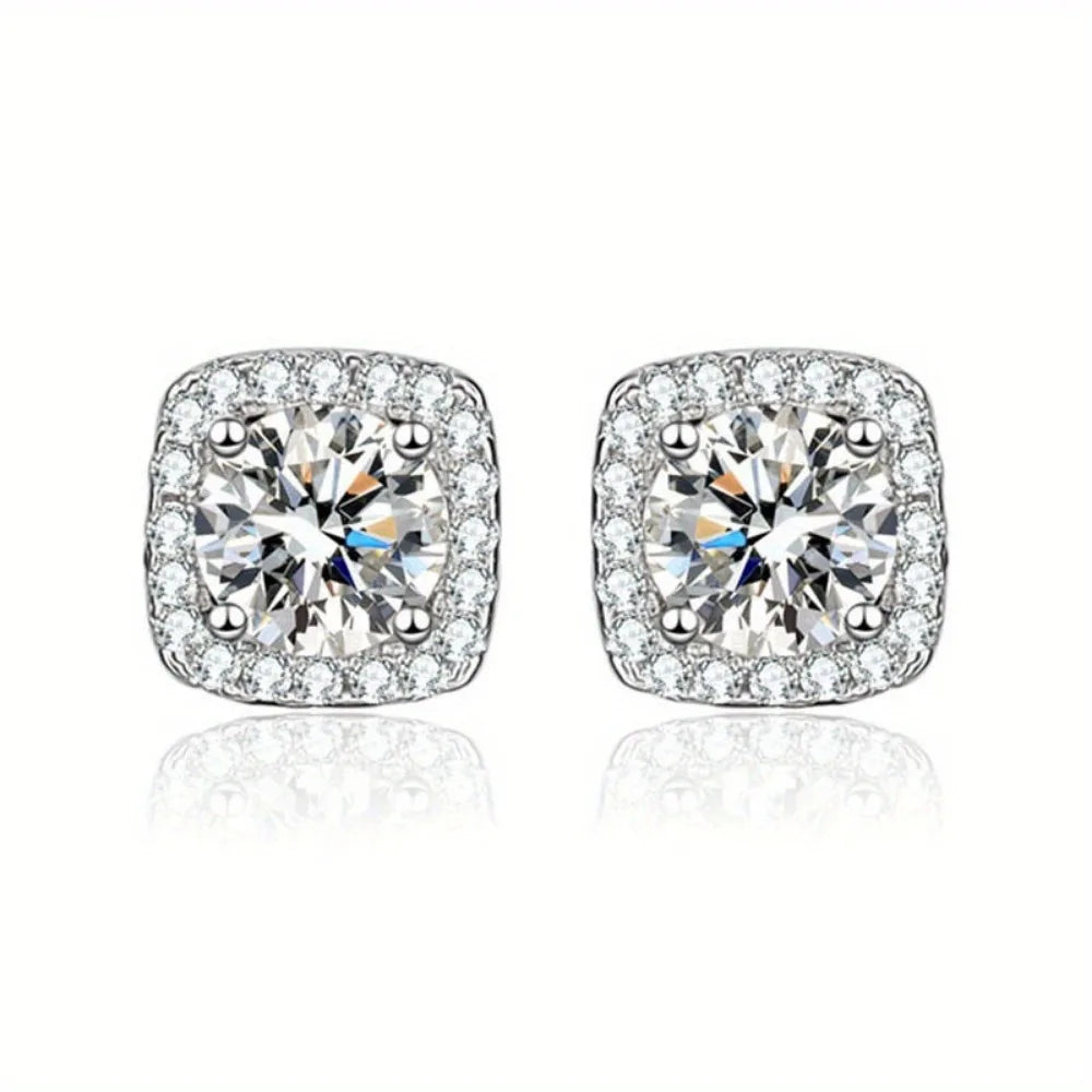 1 Pair Silvery Cubic Zirconia Stud Earrings Round Square Diamonique Stud Earrings Set for Women Men