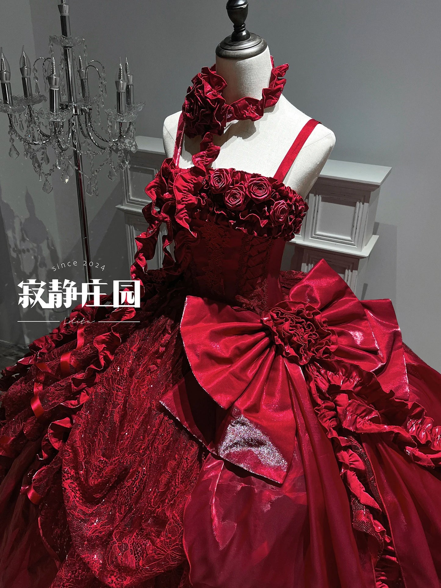 Original Burgundy Fish Bone Flower Wedding Dress Lolita Girl Women's Fairy Lace Bow Slim Maxi Long Party Birthday Dresses