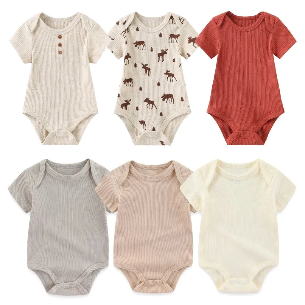 Newborn Ribbed Bodysuits Set 6PCS Cotton Baby Girl Clothes Animal Print Baby Boy clothes Solid Color Short Sleeve