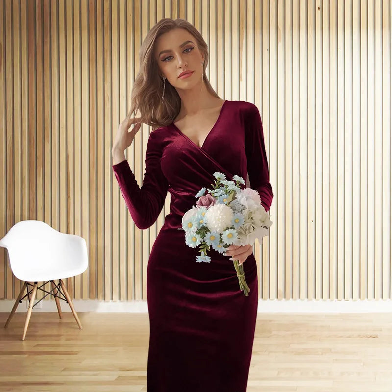 Lady Dress New Year Christmas Elegant vintage velvet autumn Winter V-neck long sleeve stretch waist length dress Party Dress
