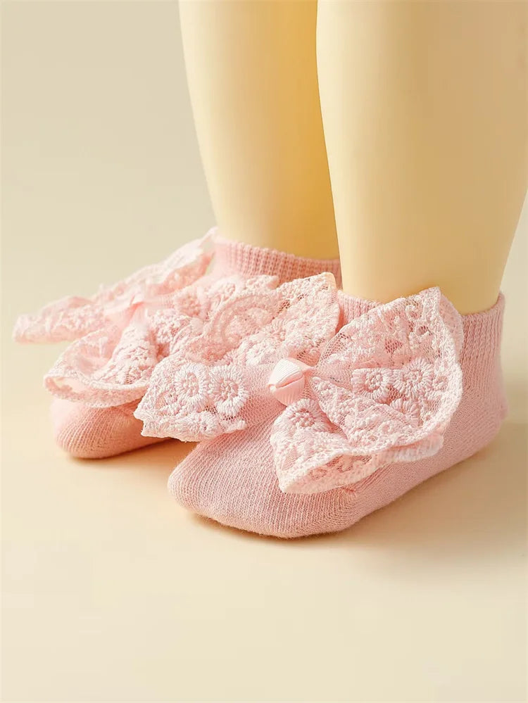 2Pcs Baby Girl Headband And Socks Set Princess Lace Bowknot Elastic Hair Band Anti-Slip Floor Socks for Newborns