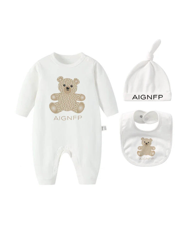 Cute Bear Jumpsuit Newborns Autumn Clothes 2025 Hot Sale New Soft Bib scarf Hat Toddler Romper Sets Baby Long sleeves Bodysuits