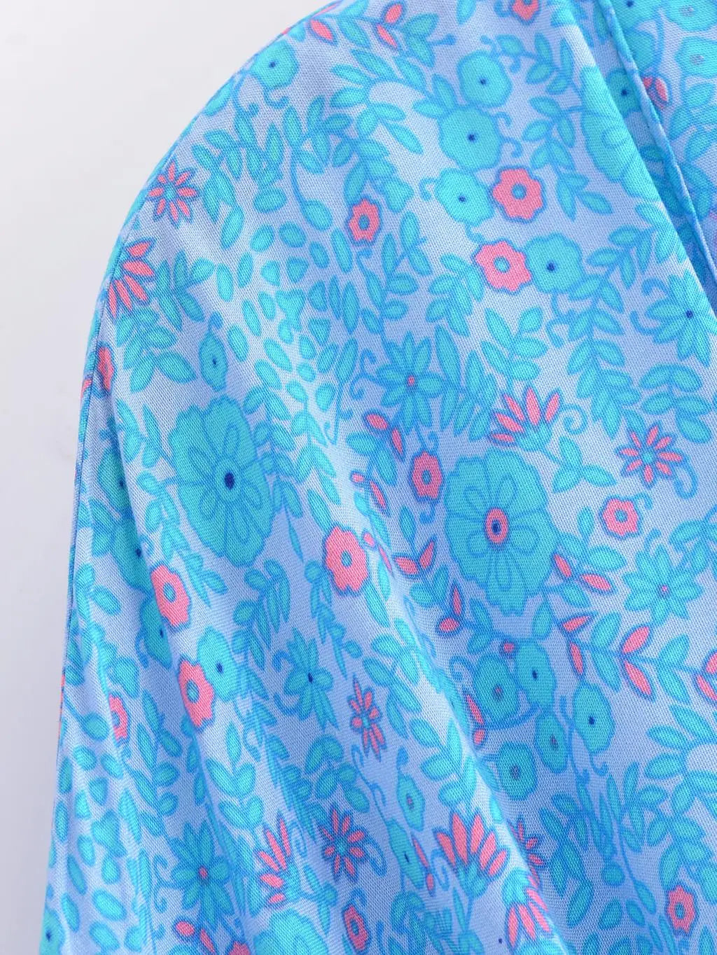 BOHO Women Blue With Pink Flower Print Kimono Shirt Holiday Tide Bow Sashes Mid Long Cardigan Summer Blouse Beach Cape