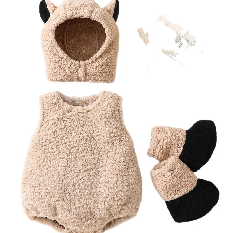 Newborn Baby Sherpa Romper Sleeveless Hooded Sheep Horn Bodysuit Cute Animal Onesie Toddler Warm Jumpsuit Winter Playsuit.