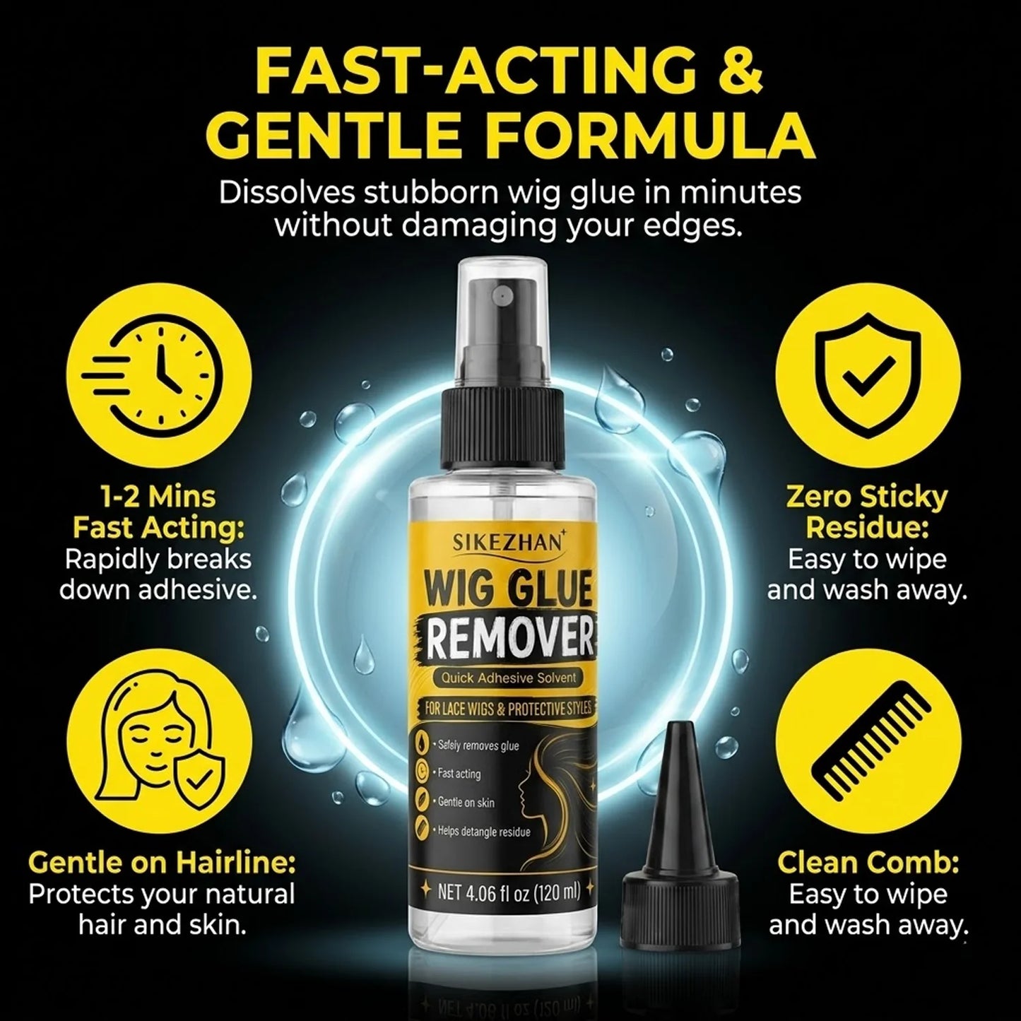 SIKEZHAN 120ml Wig Glue Remover Gentle Citrus Lace Adhesive Solvent Spray with Precision Tip for Toupee Hair Extension Tape