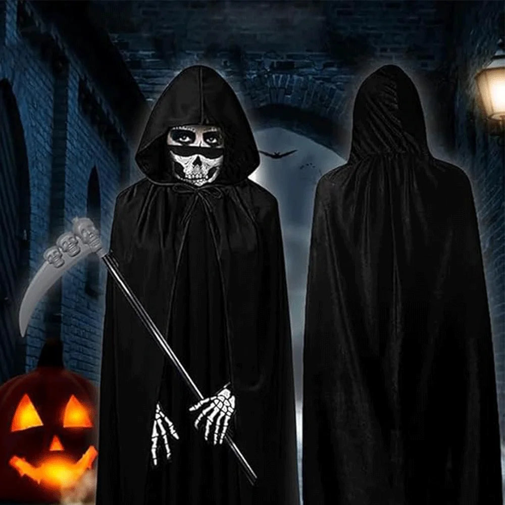 Death Cloak Suit Halloween Cosplay Costume Grim Reaper Prop Ghost Head Scythe Skull Scarf Glove Adult Kids Halloween Decoration