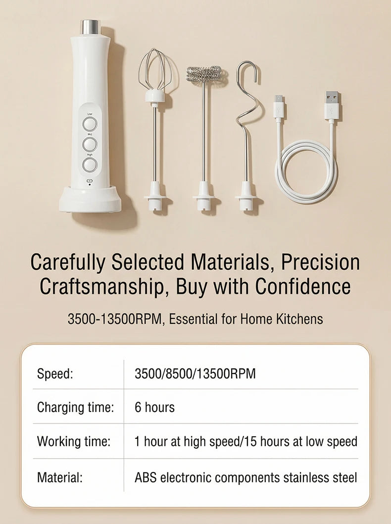 Handheld Wireless Rechargeable Electric Milk Frother 3 Speeds USB Rechargeable Foam Maker for Latte Cappuccino Hot Chocolate