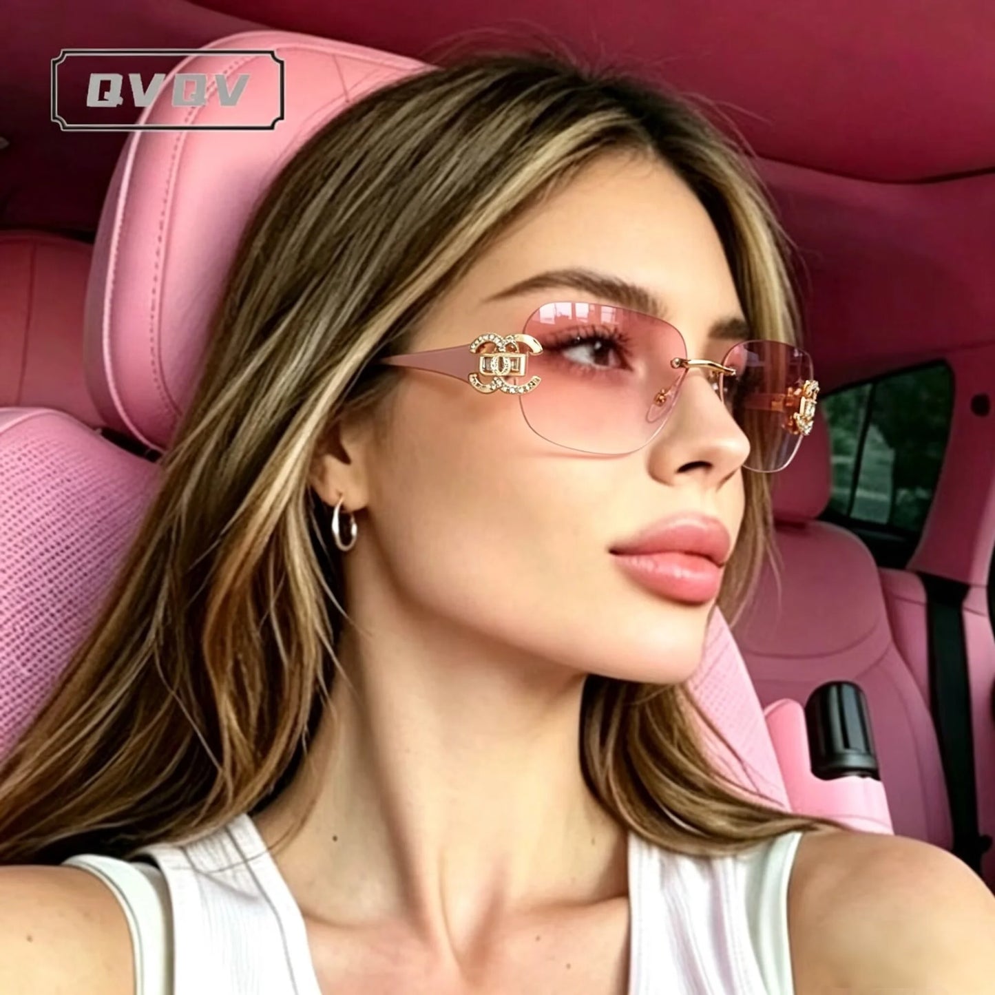 Sexy Popular Ins Rimless Square Sunglasses for Women Luxury Brand Design Diamond Punk Sun Glasses Cute Pink Shades Girls Eyewear