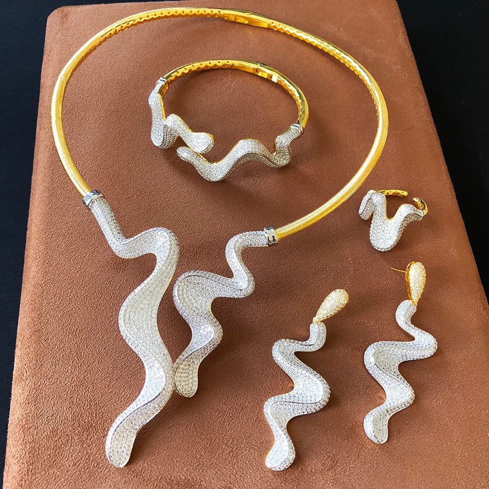 GODKI Luxury 4PCS Wave Design Nigeria Bangle Ring Necklace Earrings Sets For Women Wedding Zircon Dress Necklace Earring Sets