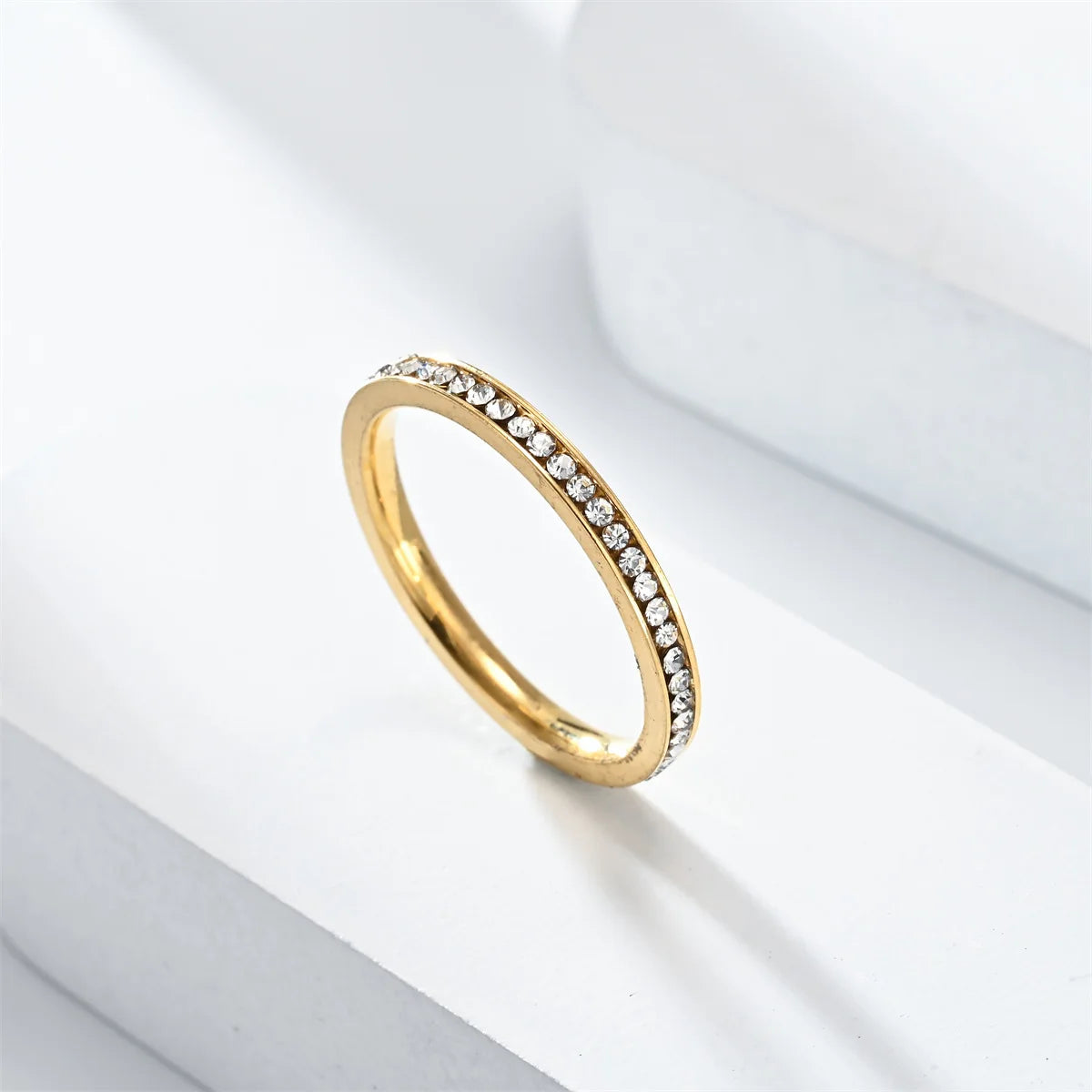 Unisex Luxury 2mm Stainless Steel Cubic Zircon Ring Gold Silver Color Adjustable Statement Band for Men And Women US Size 5-11