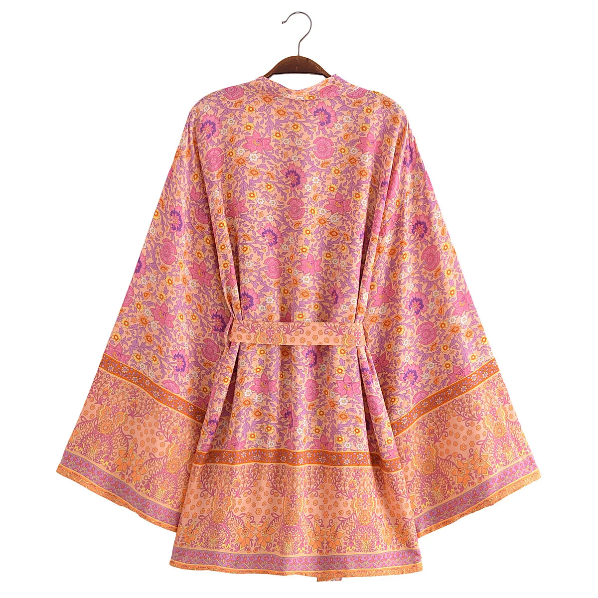 BOHO Women Blue With Pink Flower Print Kimono Shirt Holiday Tide Bow Sashes Mid Long Cardigan Summer Blouse Beach Cape