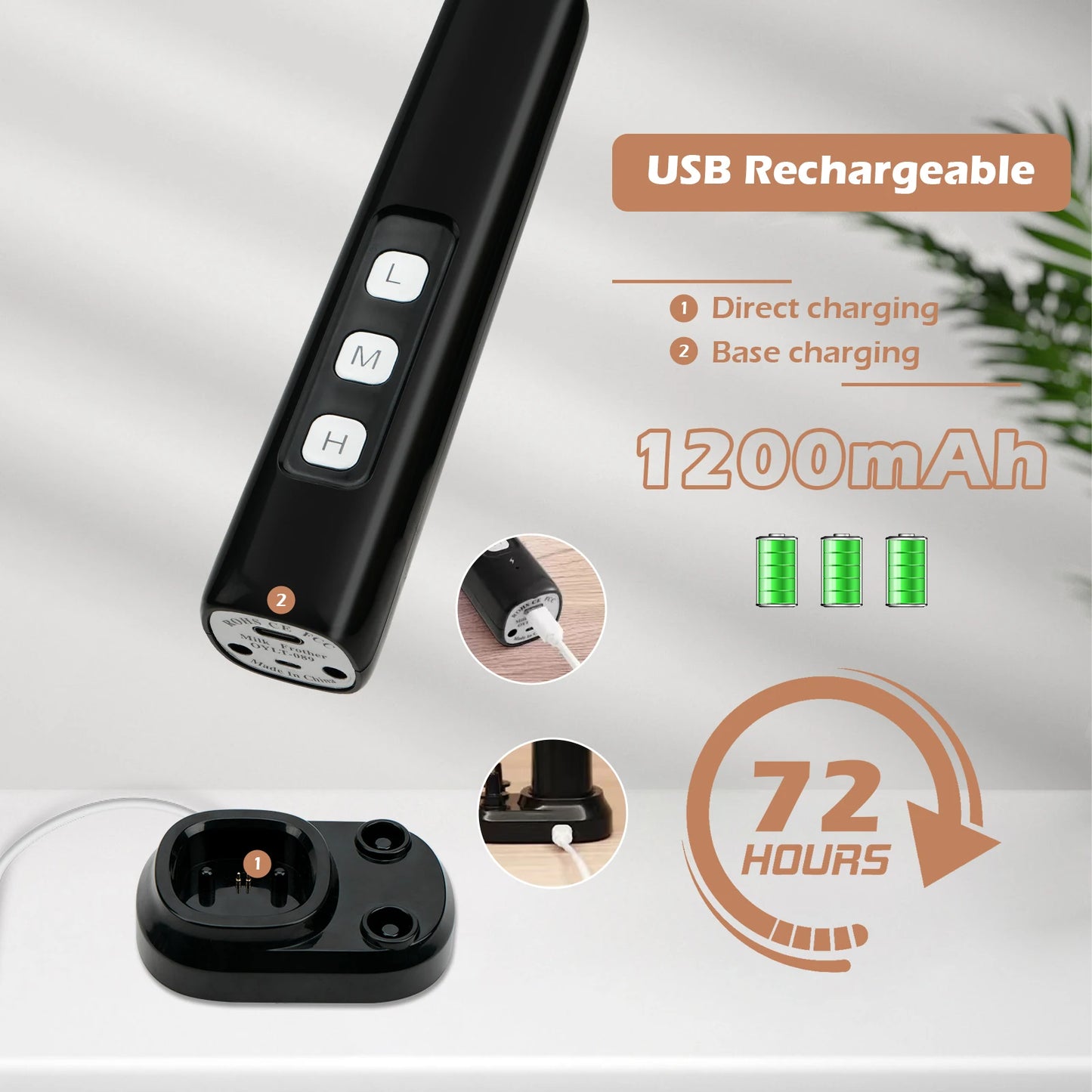 Wireless Rechargeable Electric Milk Frother - 3 Speeds, Handheld Foam Maker for Latte, Cappuccino, Hot Chocolate - USB Rechargea