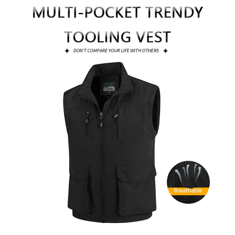 2026 Summer Men Sleeveless Cargo Leisure Work Lapel Vest Men Outdoor Solid Color Fishing Camping Thin Pocket Vest Male Waistcoat