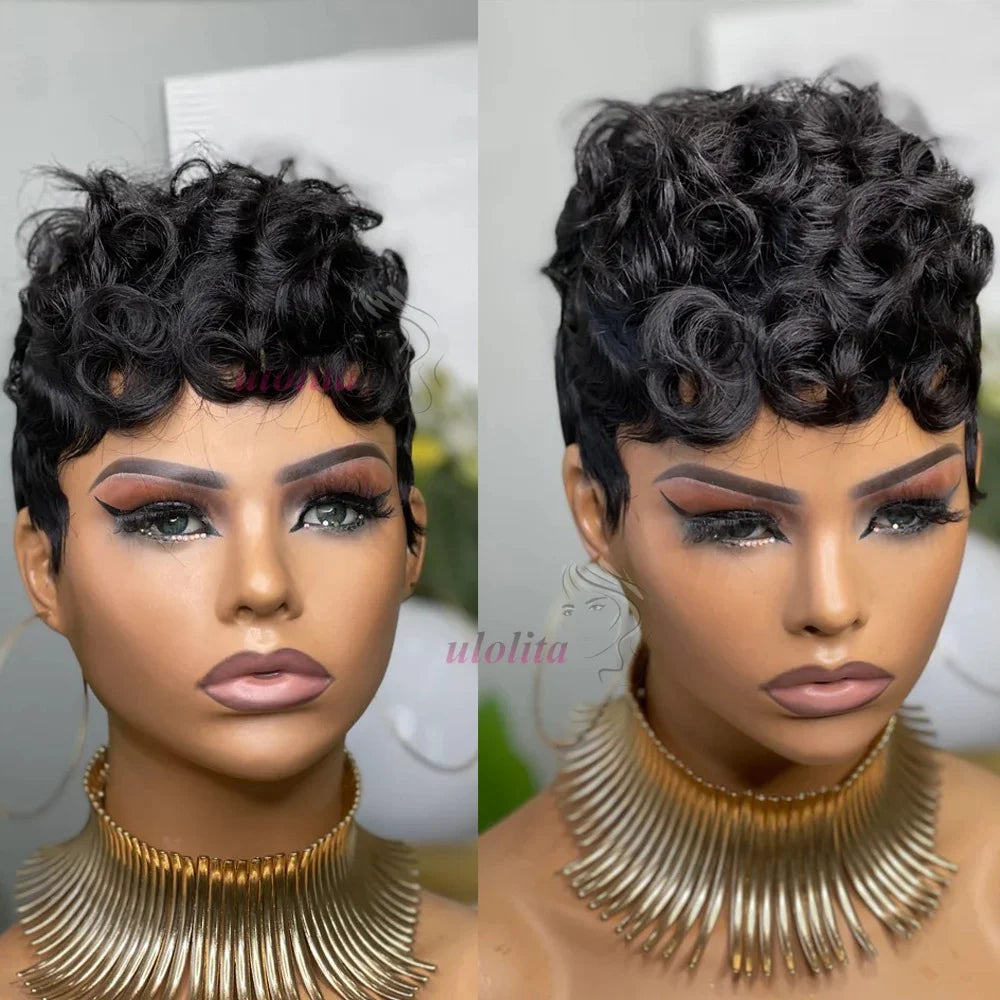 Short Deep Wave Pixie Cut Human Hair Wig Brazilian Remy Wig 180 Density Easy Daily Wear for Black Women
