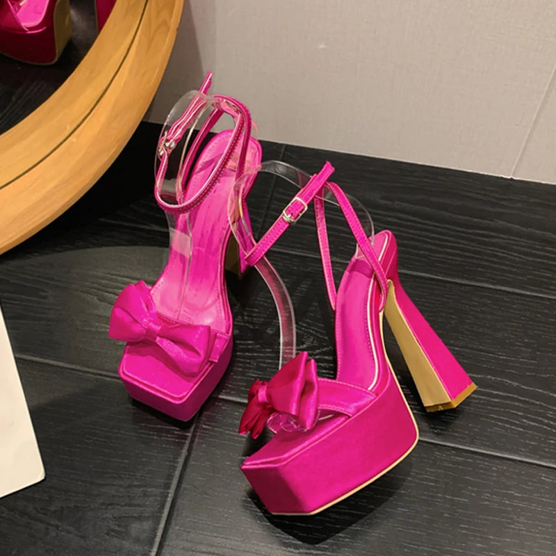 Liyke Runway Style Ultra High Heels Platform Sandals Women 2026 Summer Fashion Satin Bowknot Square Toe Wedding Banquet Shoes