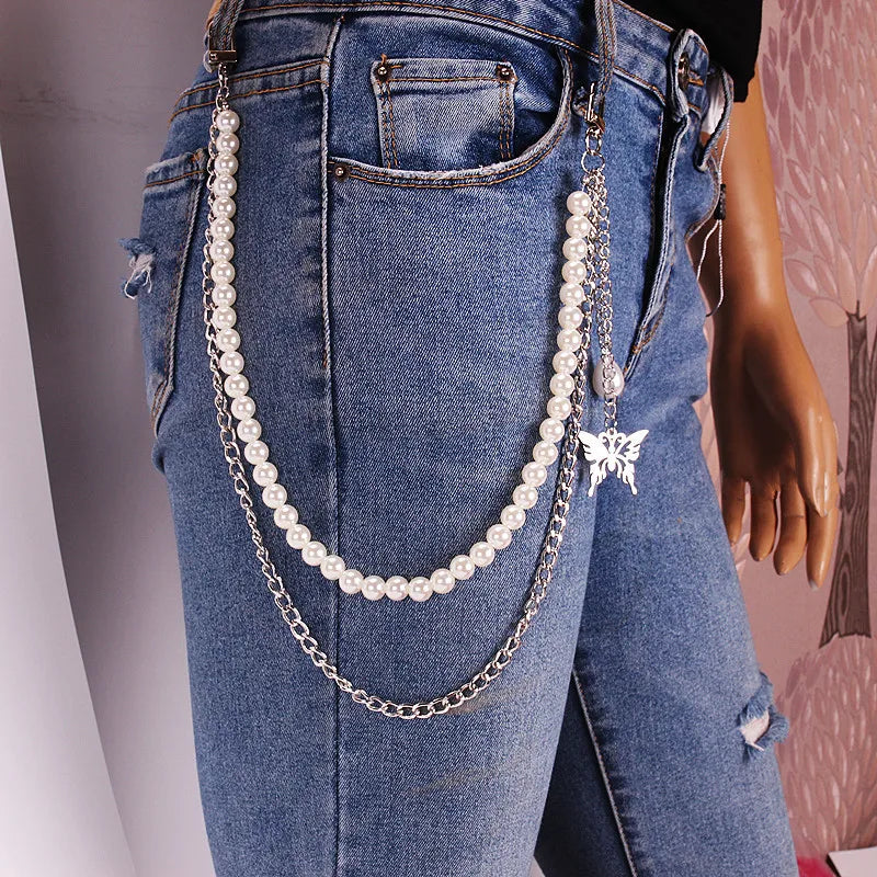 Round Cute White Pearl Belly Chain for Women Trousers Hipster Pant Jean Resin Keychain Ring Clip Tassel Art Accessory