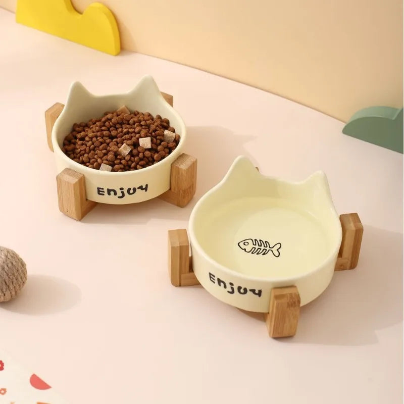 Ceramic Double Bowl Pet Cat Bowl Anti-Slip Heightened Bamboo Table Feeding Bowl Pet Supplies Water Feeders Small Dogs Supplies