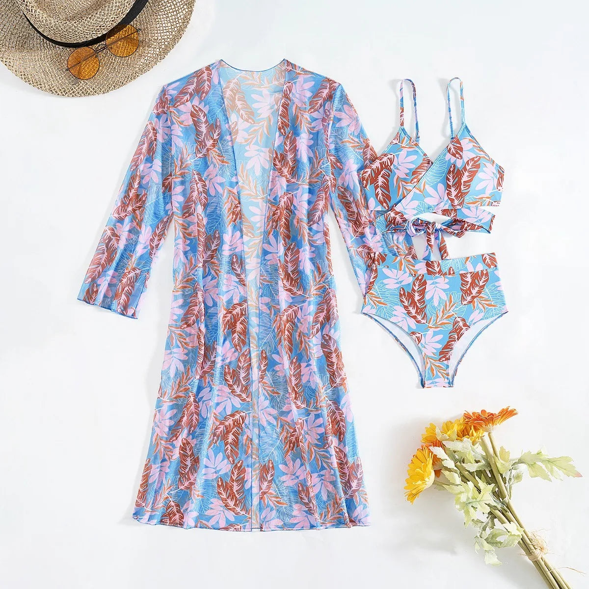 Women 3 Pieces Underwire Floral Bikini Set V Neck High Waist Swimsuit With Long Sleeve Kimono Cover Up Beach Bathing Suit