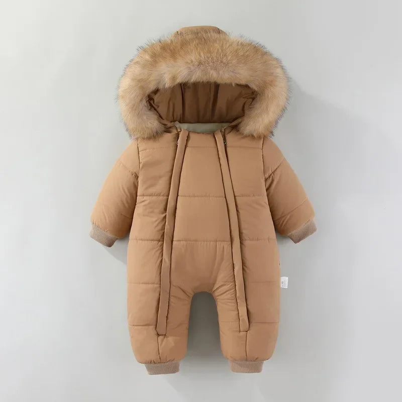 Newborn Baby Winter Snowsuit Furry Hooded Double Zipper Boys Girls Cotton Padded Jumpsuit 0-2Y Kids Warm Outwear Romper