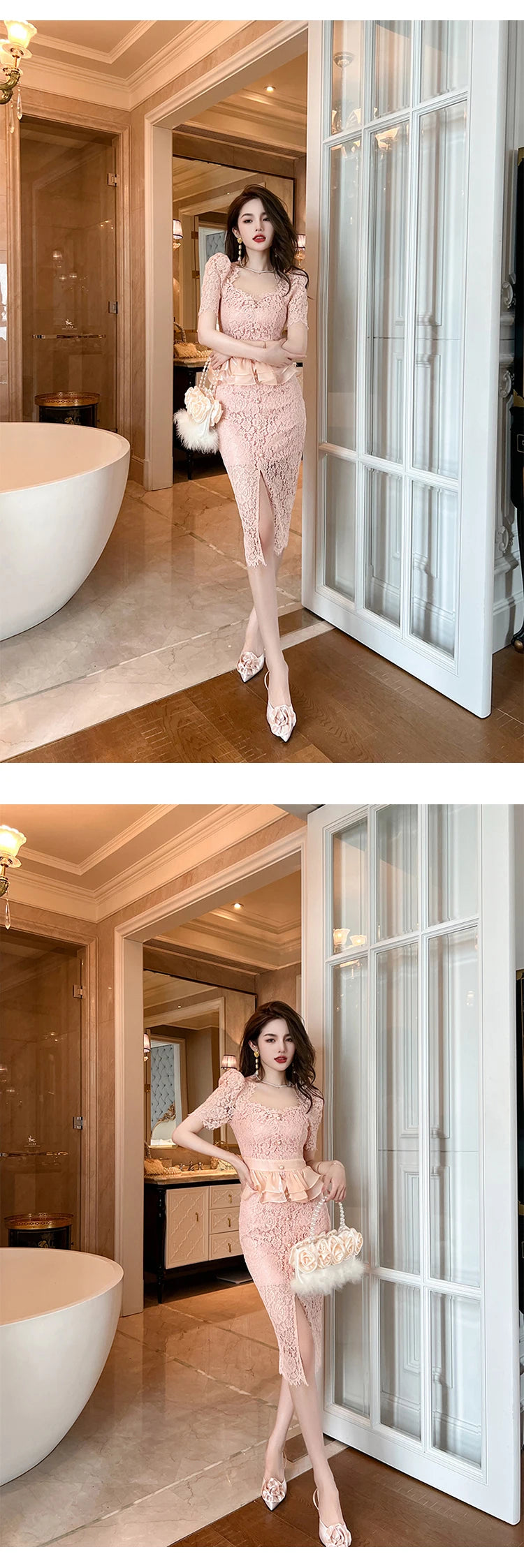 New Summer Elegant Women Evening Dress Chic Lace Pink Sheer Sexy Low Cut Ruffle Slim Midi Pencil Party Prom Femme Mujer Vestidos
