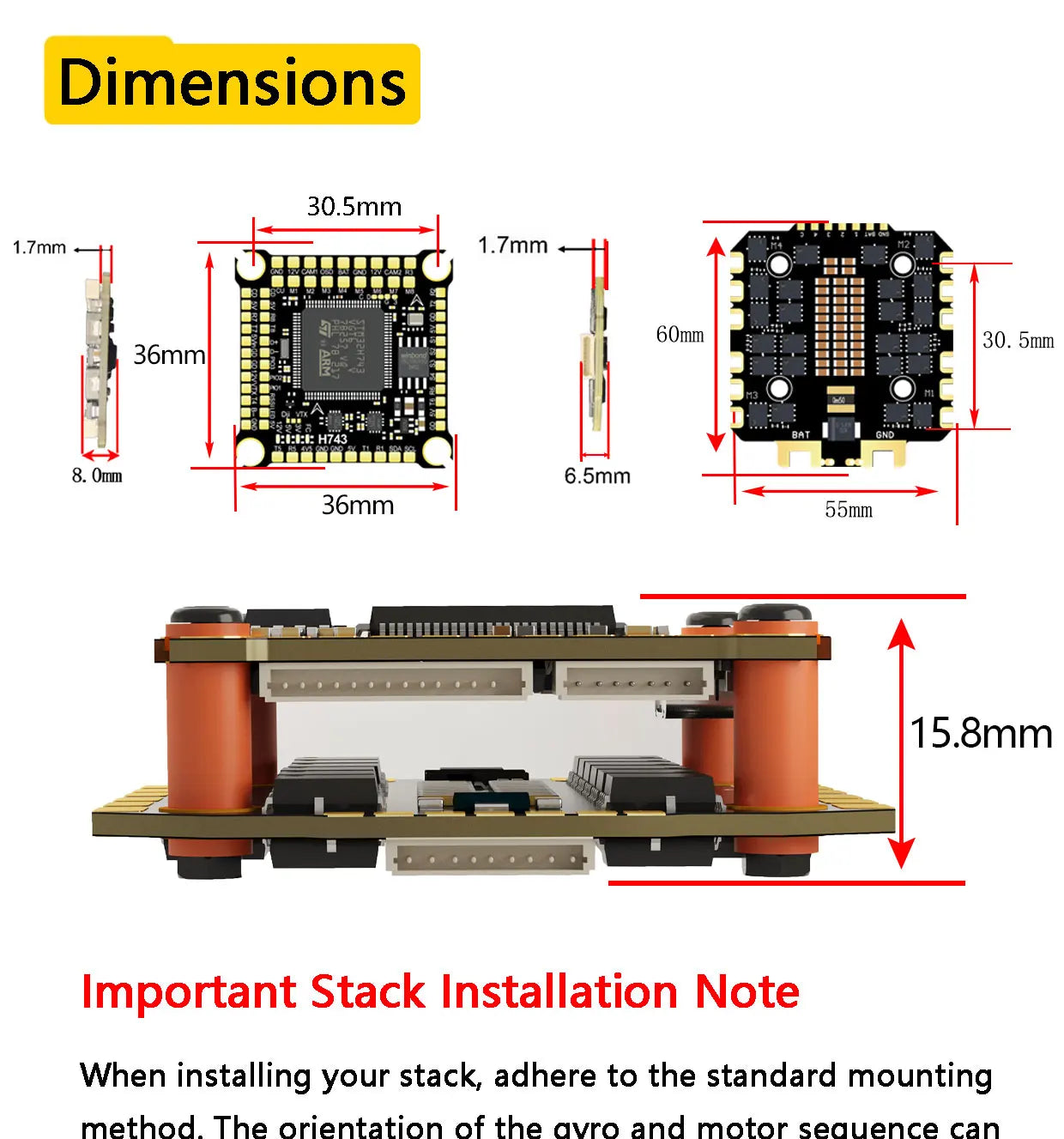DAKEFPV H743 100A/120A stacked ICM42688P H743 flight control module BLHELI_S 120A 4-in-1 ESC 30.5X30.5 millimeters.