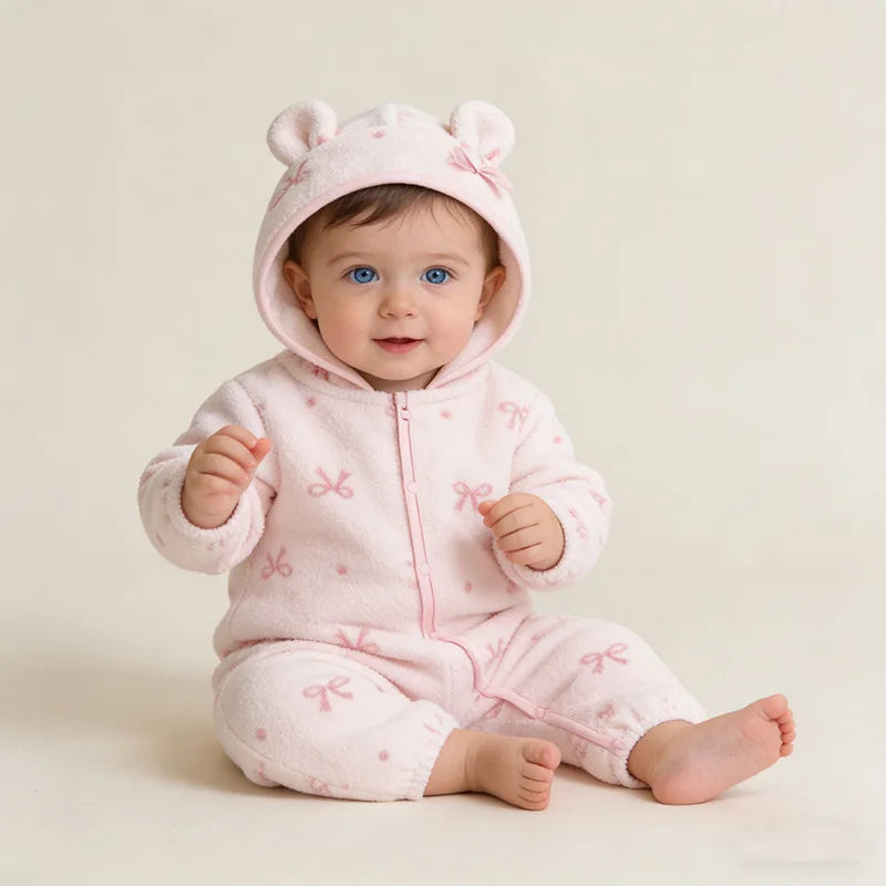 2026 Spring Newborn Baby Hooded Rompers Cute Bear Fleece Girls Jumpsuits Clothes for Toddler Infant