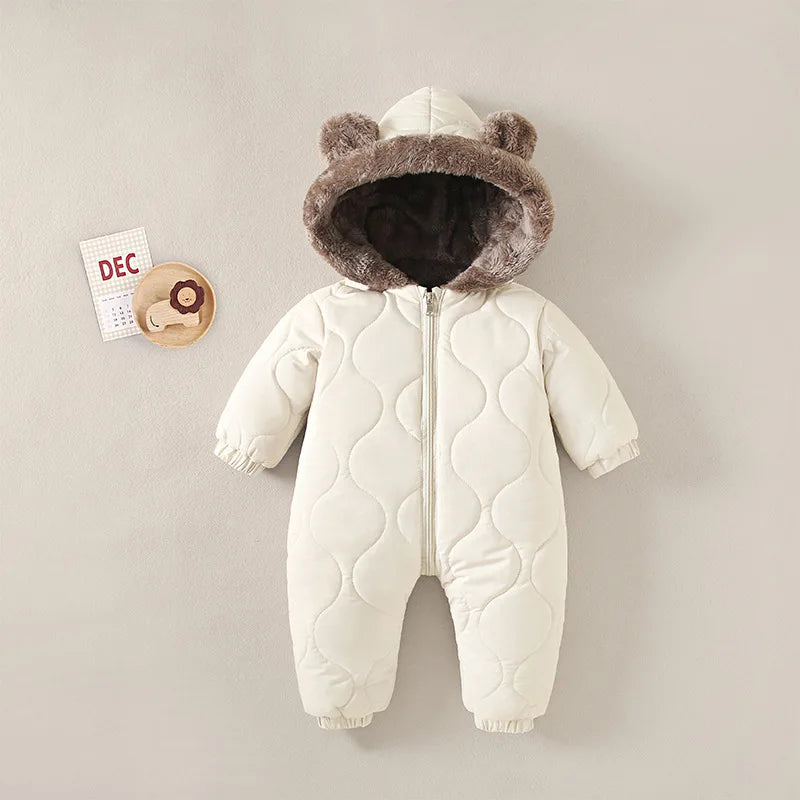 2025 Winter New Baby Boys Girls Bodysuit Solid Color Plus Velvet Thick Jumpsuits For 6M-3Y Kids Warm Hooded Rompers Snowsuit