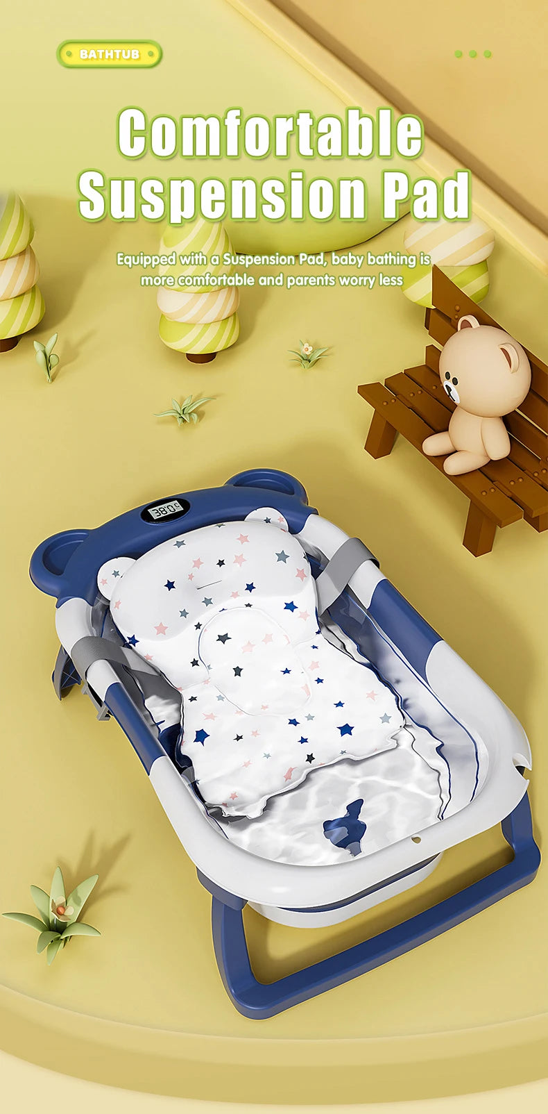 Foldable Baby Bathtub Travel Portable Toddler Bathtub Newborn to Toddler Bath Center Shower Bathtub with Temperature Sensing