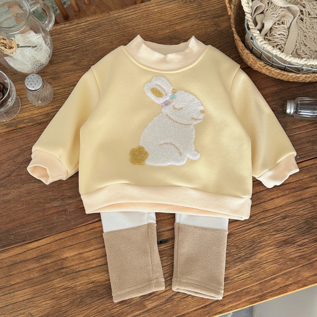 Casual Sweatshirts Girls Toddler New Winter Clothing Crewneck Rabbit Embroidery Pullovers Color Blocked Pants 2pcs Outfit