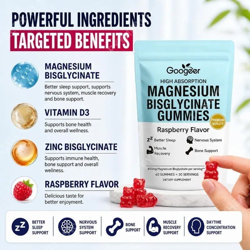 Googeer Magnesium Bisglycinate Gummies for Better Sleep Daytime Concentration & Nervous System Support Raspberry 60 Gummies