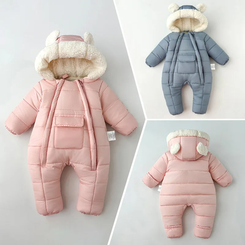 Newborn Baby Winter Hooded Romper Double Zippers Cotton-padded Warm Thicken Rompers Toddler Playsuit Infant One-piece Clothing